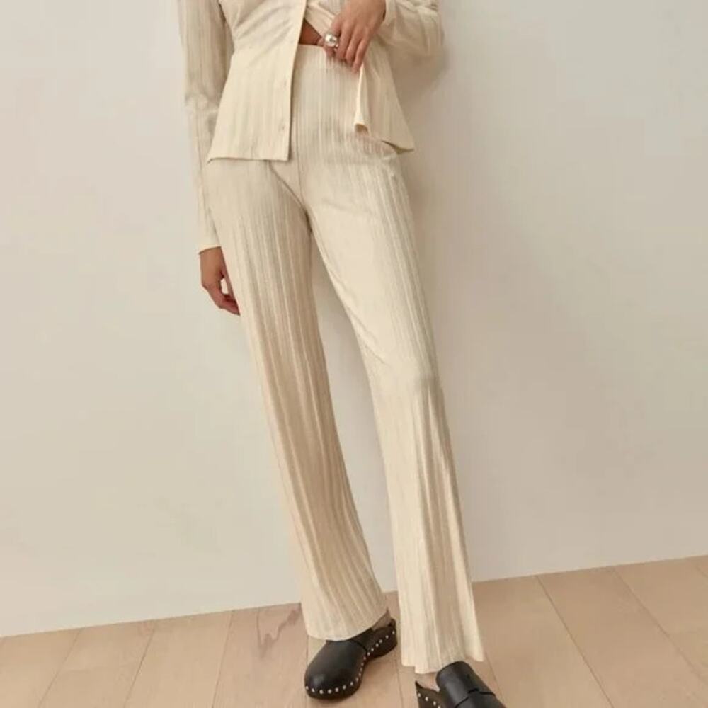 Reformation Pants Womens Medium Zayne Ribbed Flare Stretch Pull On Ivory